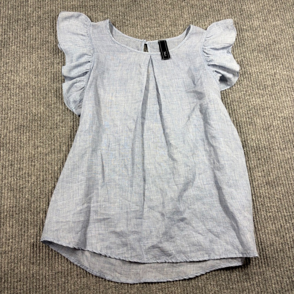 Wish Womens Ruffle Sleeve Linen Blend Blouse Blue Keyhole Back Pleated Top